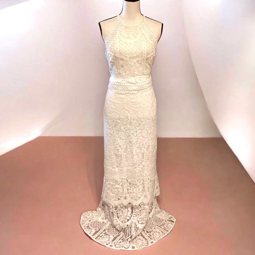 Lulus Magic in the Moment Off White Lace Tiered Maxi Dress Halter Bridal XL New - Picture 2 of 11